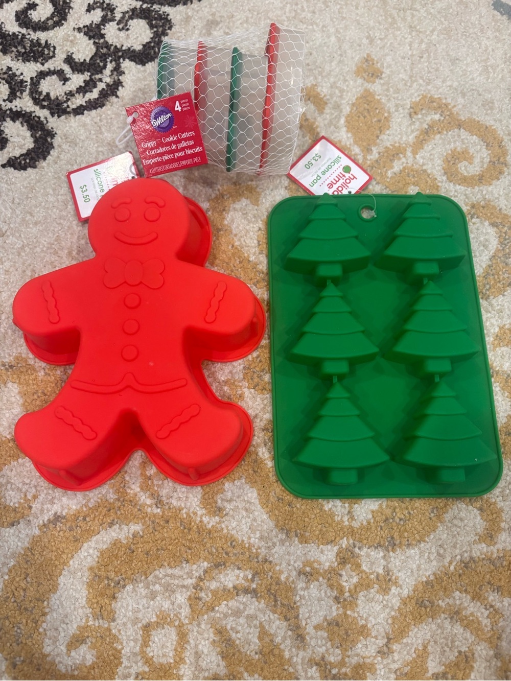 Red Gingerbread Man and Green Tree Silicone Molds and 4 Wilton cookie cutters